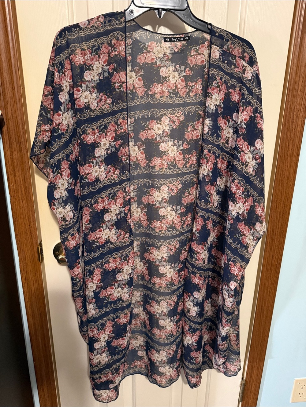 Sheer Floral Navy Open-Front Kimono by Joy Tuned